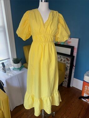 Bright Yellow Puff-Sleeve Midi Dress